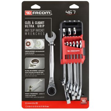 Facom Set 10 anti slip steekringratelsleutels, metrisch, in houder