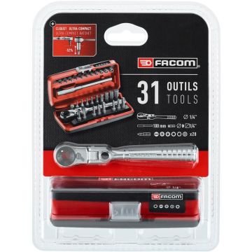 Facom Set vastzetten 1/4" met ratel met 180° flexibele kop (31-delig)