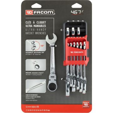Facom Set 10 scharnierende anti slip steekringratelsleutels, metrisch in houder