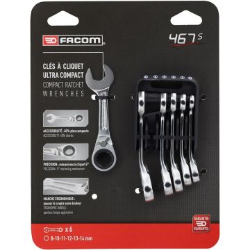 Facom Set 6 korte anti slip steekringratelsleutels, metrisch in houder
