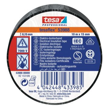 Tesa 53988 Professional PVC Elektrische isolatietape Zwart 15mm x 10m