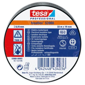 Tesa 53988 Professional PVC Elektrische isolatietape Zwart 19mm x 33m