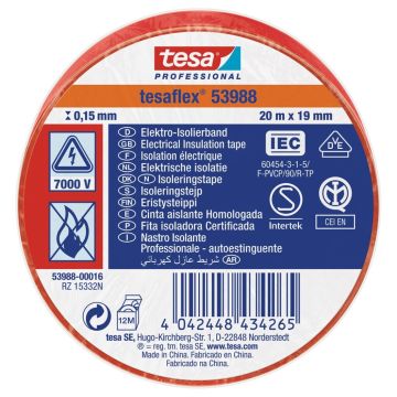 Tesa 53988 Professional PVC Elektrische isolatietape Rood 19mm x 20m