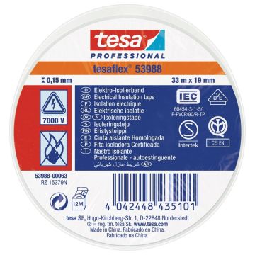 Tesa 53988 Professional PVC Elektrische isolatietape Wit 19mm x 33m