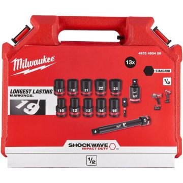 Milwaukee Doppenset Shockwave 1/2 (10/12/13/14/15/17/19/21/22/24, Kruiskoppeling 15°, Adapter ¼" Hex)