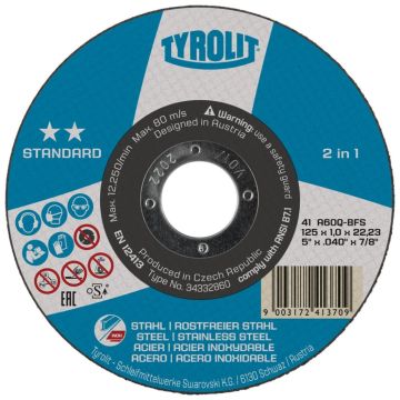 Tyrolit Standard doorslijpschijf voor haakse slijpers 41 125mm x 1,0mm x 22,23mm A 60 Q- BFS