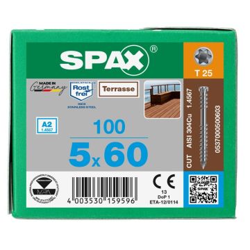 Spax Terrasschroef A2 Cilinderkop T-star Plus T25 Fixeerschroefdraad Cut 5x60mm (100 stuks)